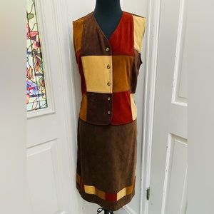 Vintage 1980’s Fall 2 Piece Velour Patchwork Vest and Skirt Size S